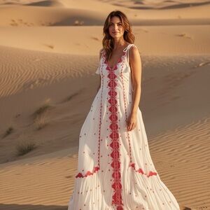 Parker White Maxi Dress with Red Embroidery